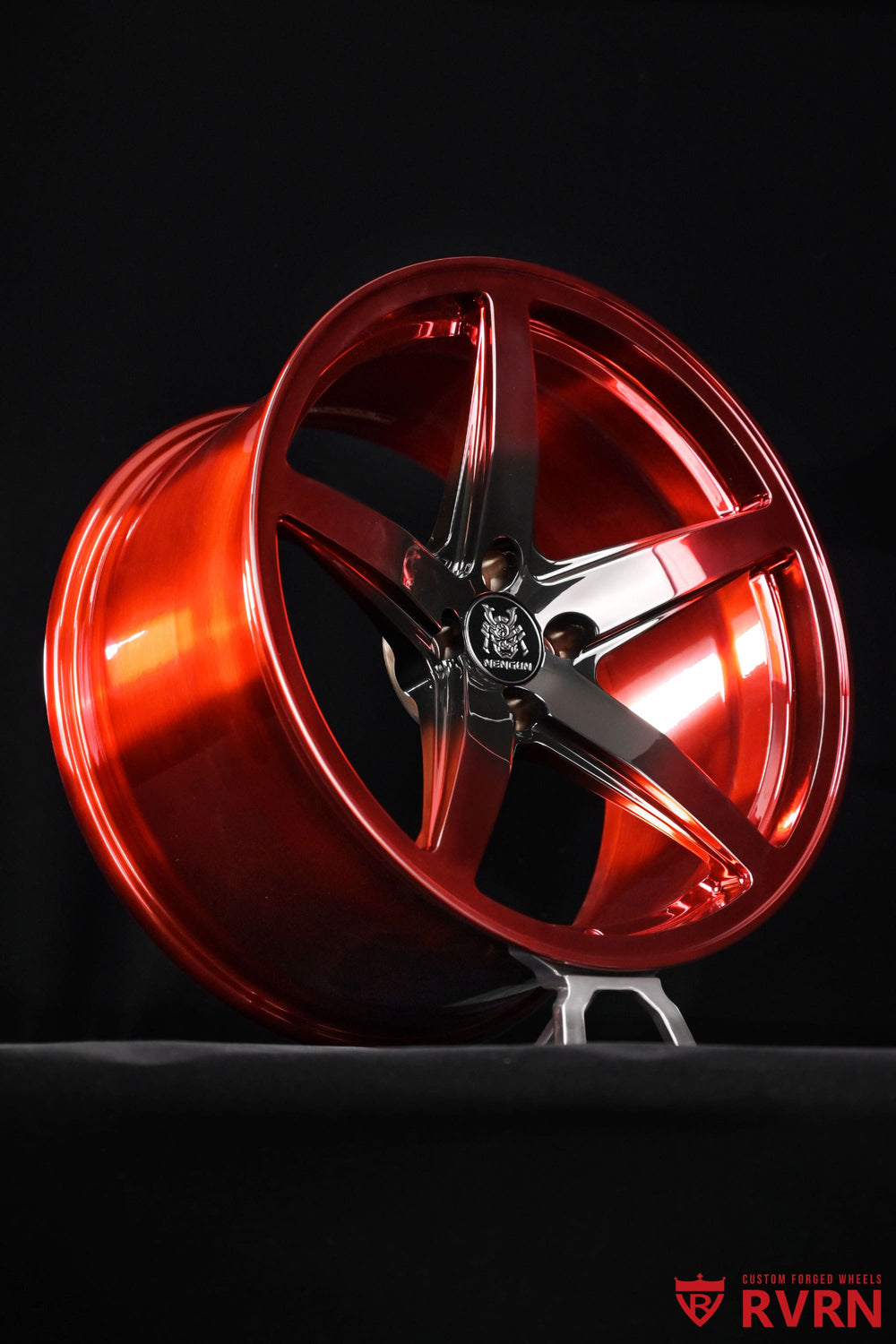 Detail view of RVRN RV-MF15 Honda S660 wheels showing the polished red and black two-tone finish across the spokes and barrel.