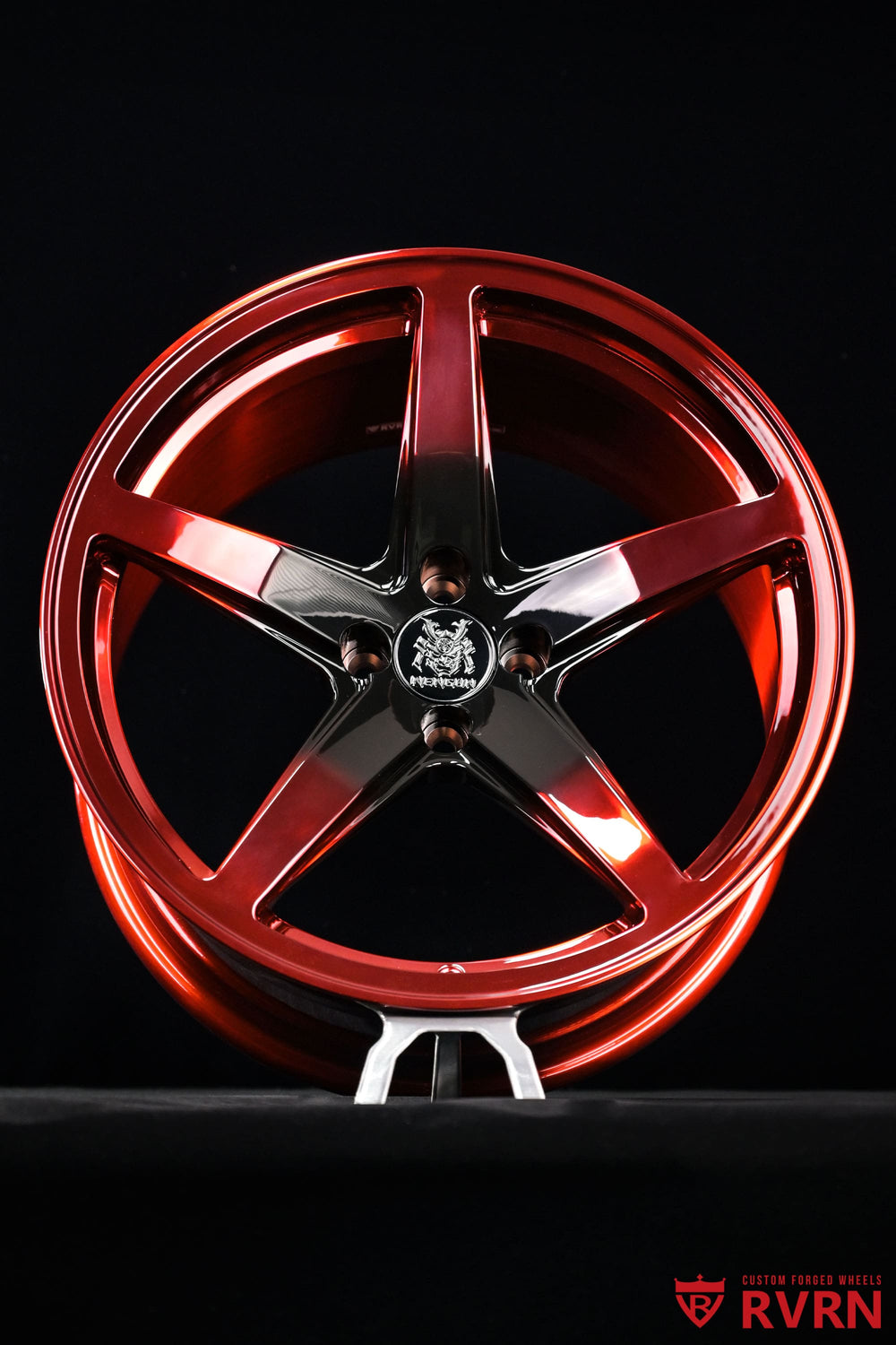 Front view of custom RVRN RV-MF15 forged Honda S660 wheels with a 5-spoke concave design and polished red and black finish.