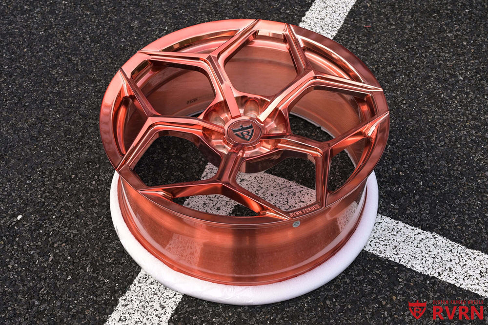 RVRN RV-MC491 Jeep Wrangler forged wheels with Y-spoke concave design in polished rose gold, 20x8.5 +15MM fitment