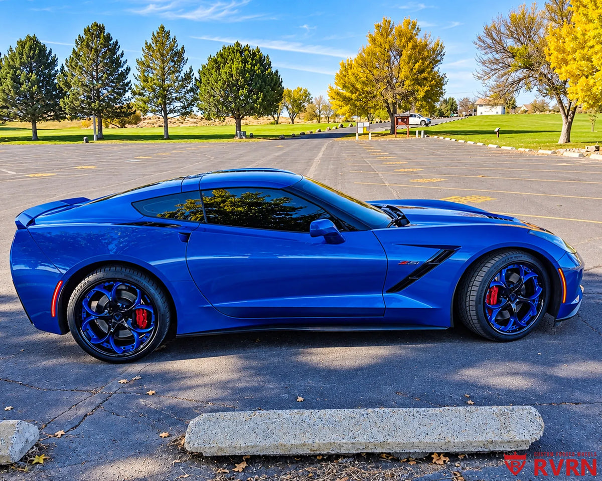 2015 Corvette C7 Stingray Z51 on RVRN RV-DS016 2-piece forged wheels in color-matched Laguna Blue fading to gloss black, side view.