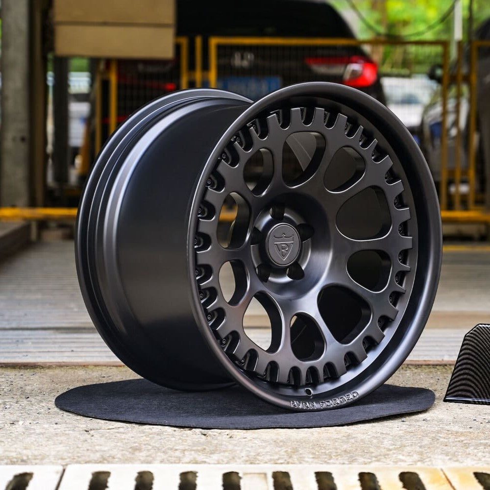 Front angle view of custom deep dish Ford Mustang GT wheels RV-DF03