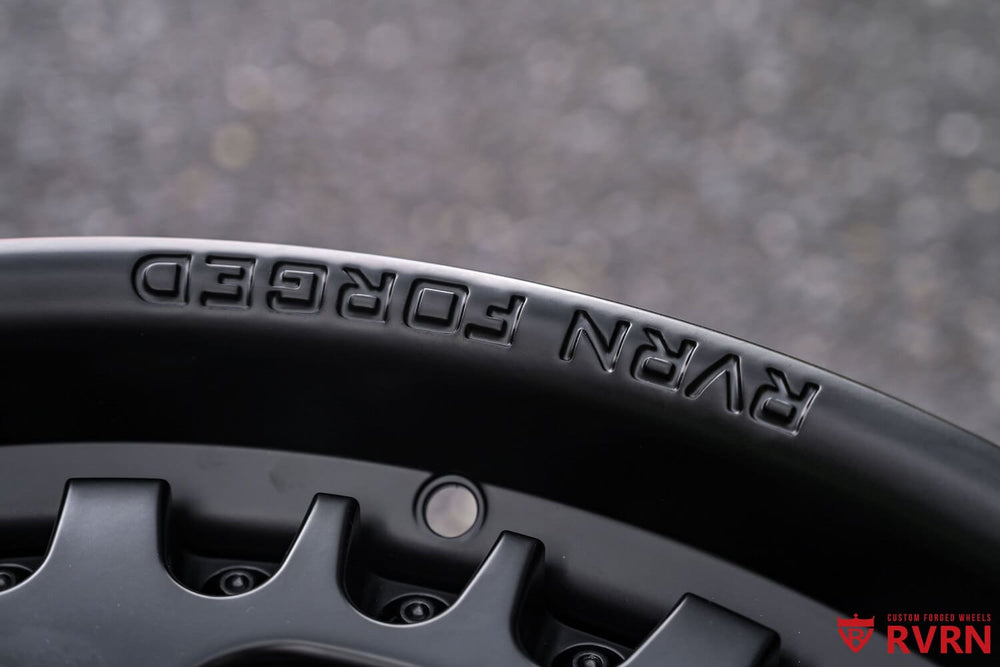 Detailed shot of black deep dish RV-DF03 forged wheels for Mustang GT