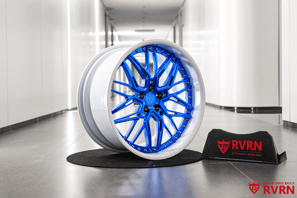 Jaguar F Type custom wheels detail Blue Chrome spoke Pearl White rim
