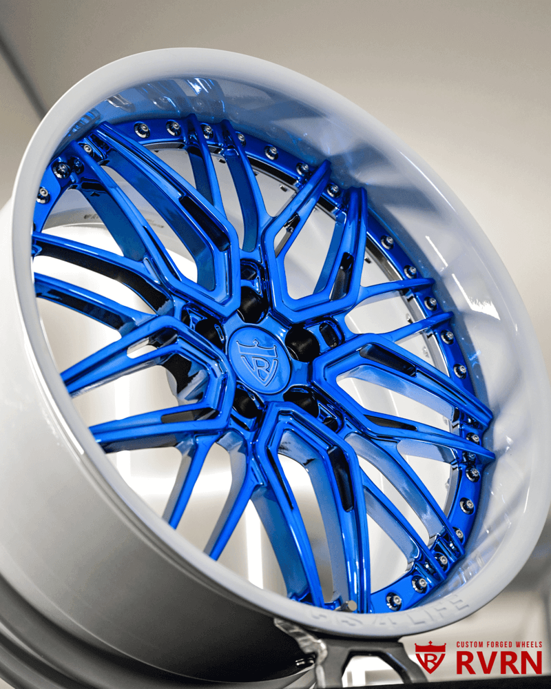 Jaguar F Type custom wheels RV-T081 Blue Chrome Pearl White angled view