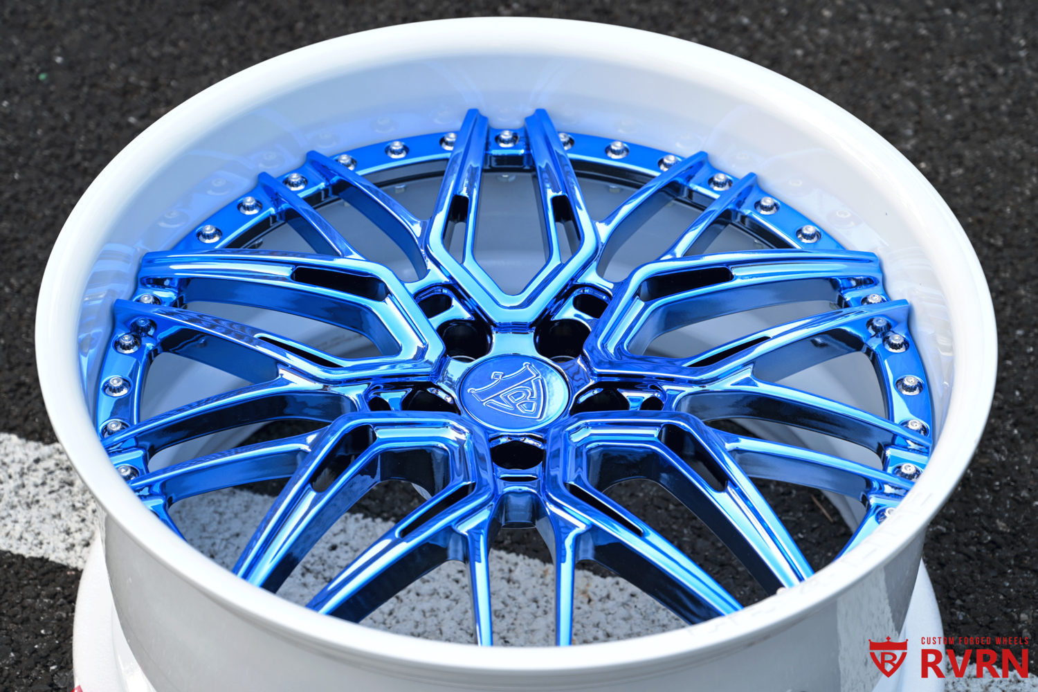 Jaguar F Type custom deep dish wheels RV-T081 forged Blue Chrome & White