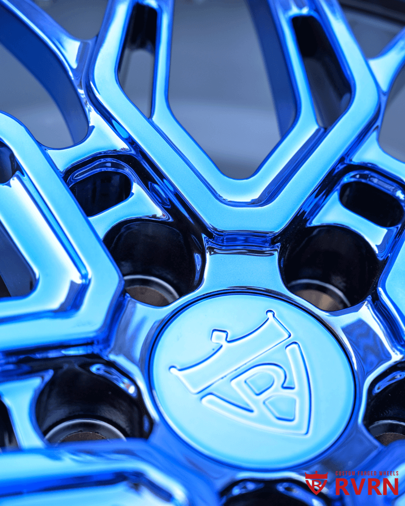 Jaguar F Type deep dish custom wheels RV-T081 Blue Chrome & White forged