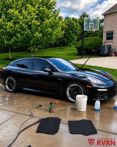 2015 Porsche Panamera 4 on RVRN RV-MR02 5-star custom forged wheels in Gloss Black Spoke with Polished Aluminum Barrel, front view with 20x9.5 front and 20x11 rear staggered fitment.