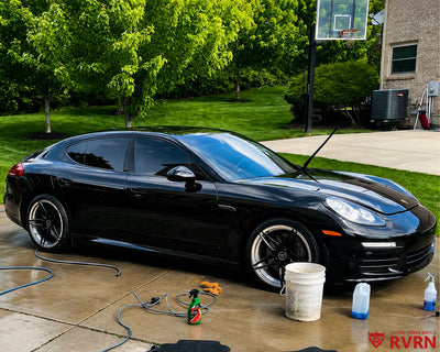 2015 Porsche Panamera 4 on RVRN RV-MR02 custom forged wheels, detail front view showing the 5-split-spoke design and polished lip.