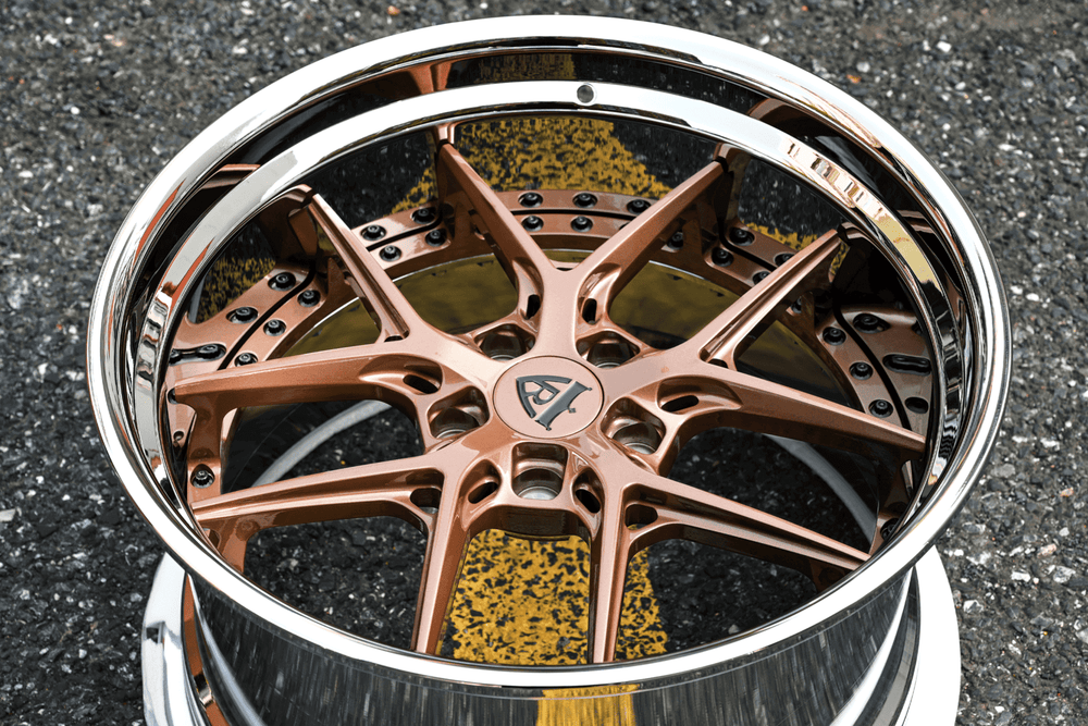 Gloss purple bronze finish on deep dish forged wheels with high-polish detail for BMW M5
