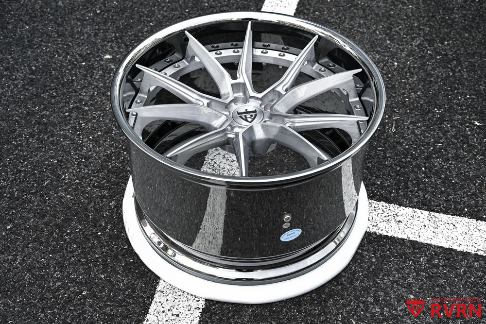 Corvette C7 Z06 wheels RV-DB082 front angle view, brushed gunmetal 20x10.5 +38 forged setup on custom performance build.