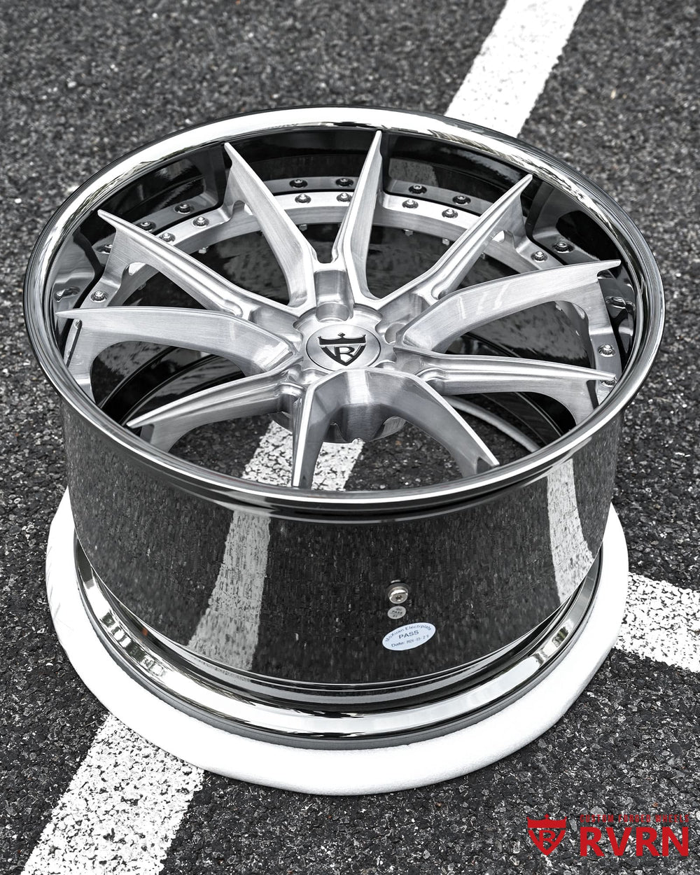 Corvette C7 Z06 wheels RV-DB082 rear angle showing black chrome barrel 20x12.5 +49 two-piece forged wheel design.