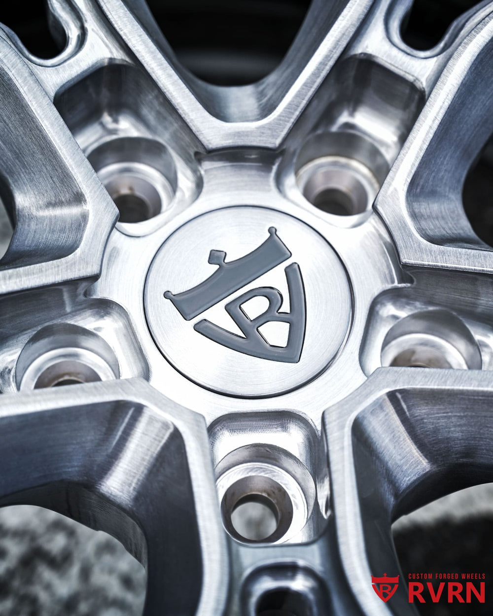 Two-piece forged construction detail of RV-DB082 Corvette C7 Z06 wheels with precision hardware assembly.