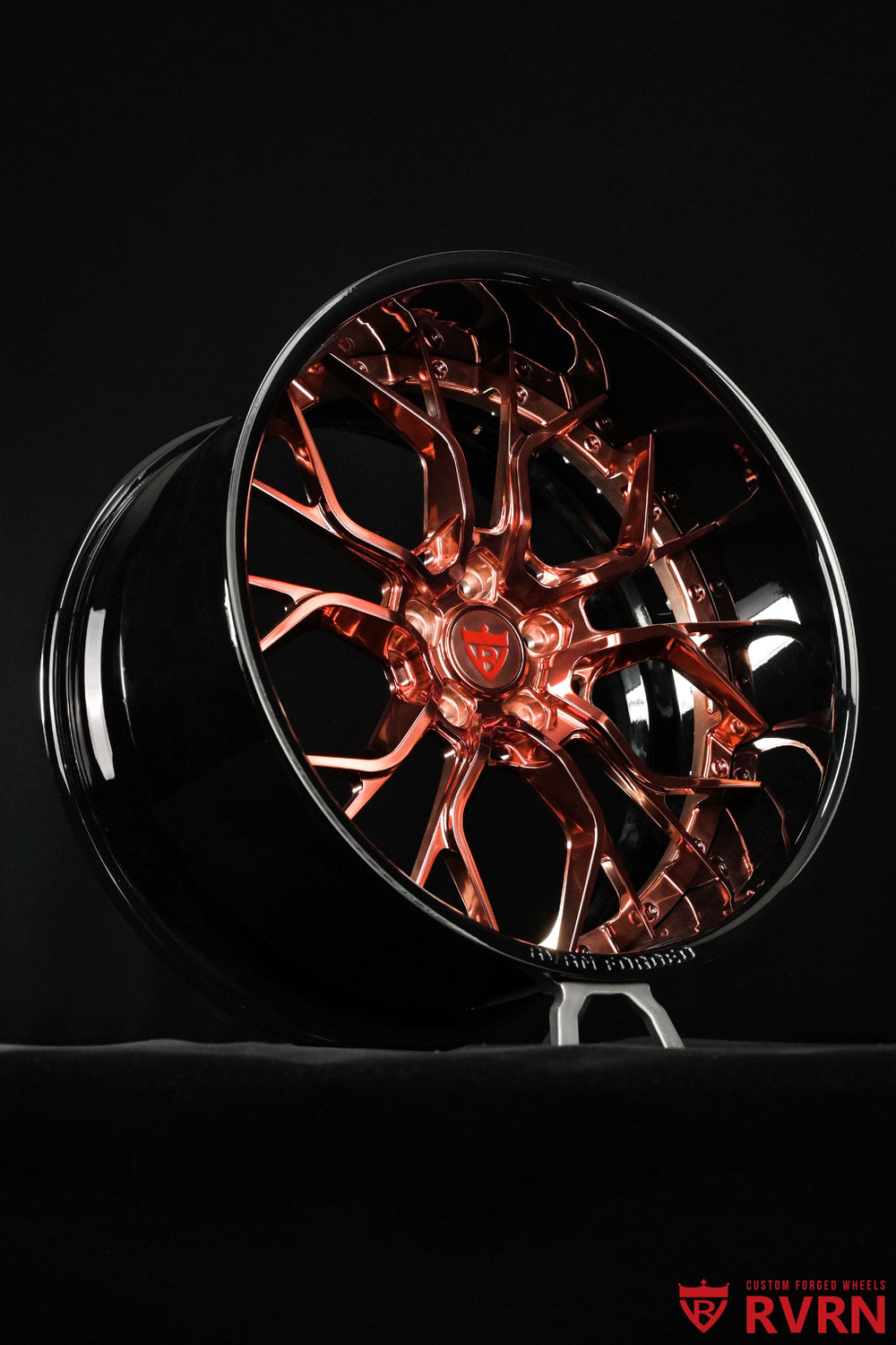 Corvette C7 Z06 Y spoke rims with polished rose gold finish, custom forged aluminum construction and performance styling.
