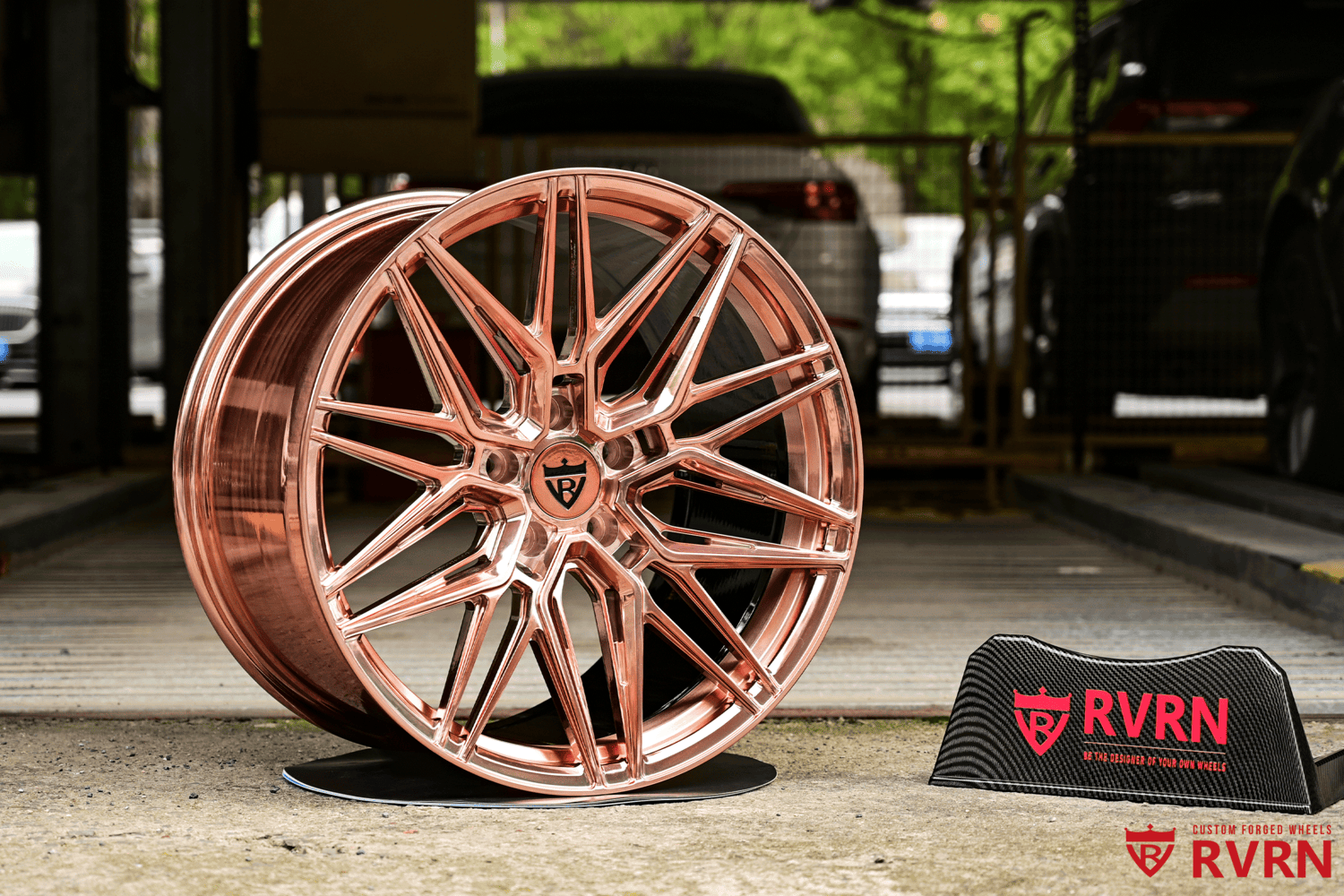 Front angle view of RV-MS808 forged rose gold wheels on C7 Z06