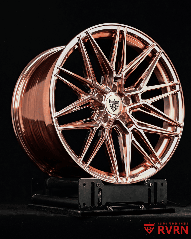 Aftermarket polished rose gold rims for C7 Corvette