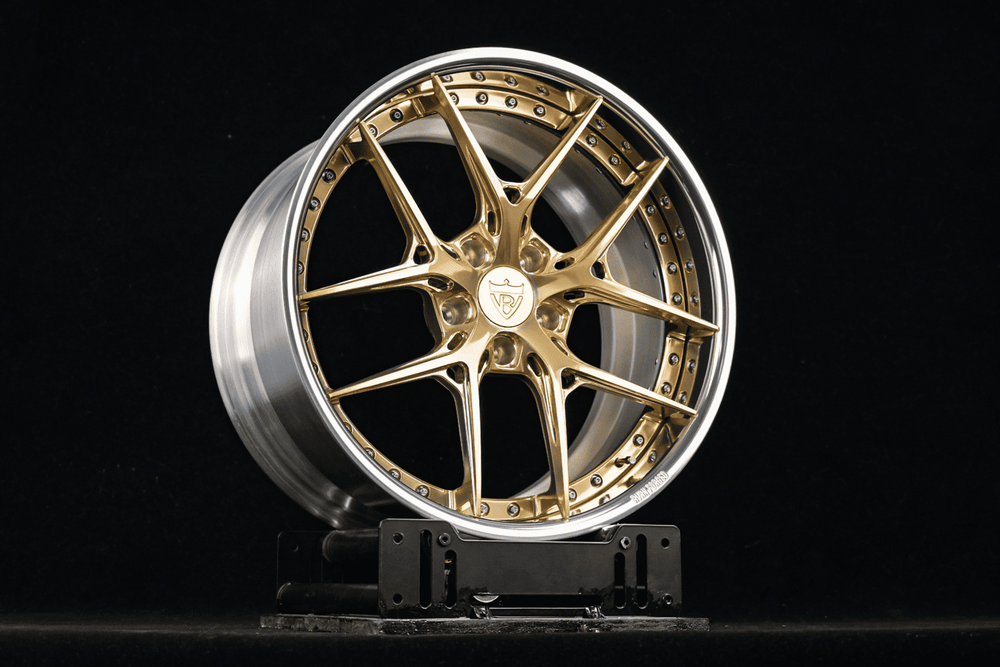Polished Frozen Gold five-spoke RVRN RV-DR08 forged wheel with a polished aluminum barrel, custom deep dish wheels for the 2020 Corvette C8 Z51