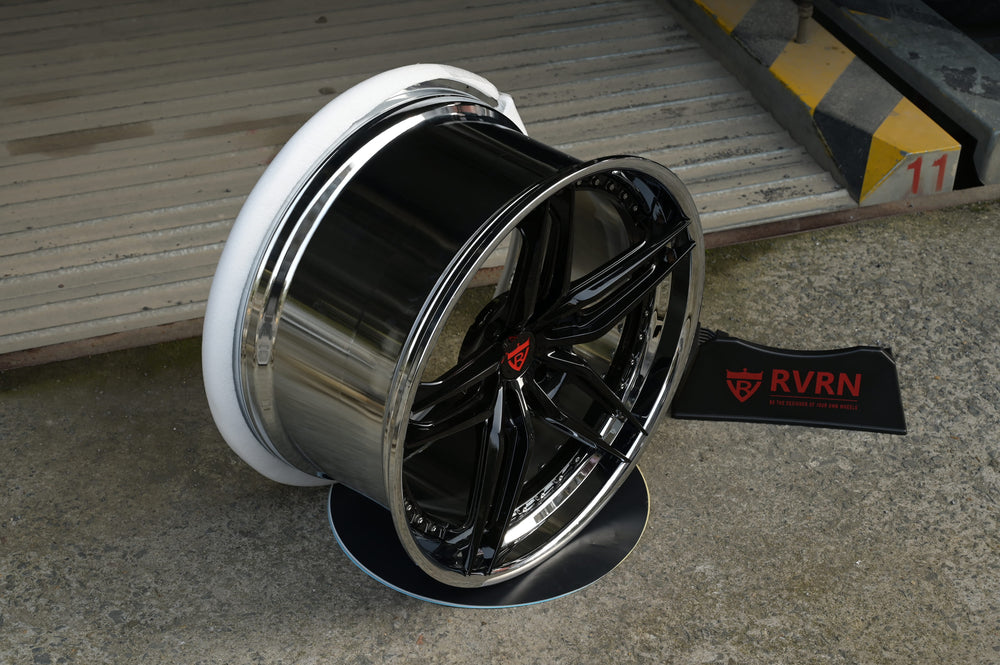 Gloss black RVRN RV-DP03 forged wheel with a polished chrome barrel in the workshop, custom wheels for the 2016 Corvette C7 Stingray