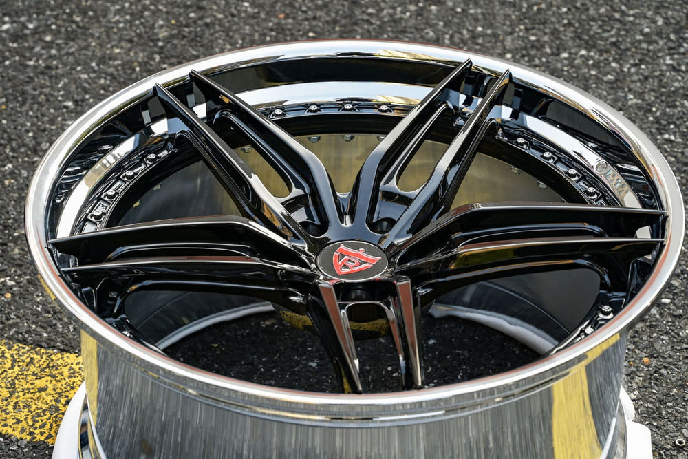 Gloss black concave five-spoke RVRN RV-DP03 forged wheel with a polished lip, custom wheels for the 2016 Corvette C7 Stingray