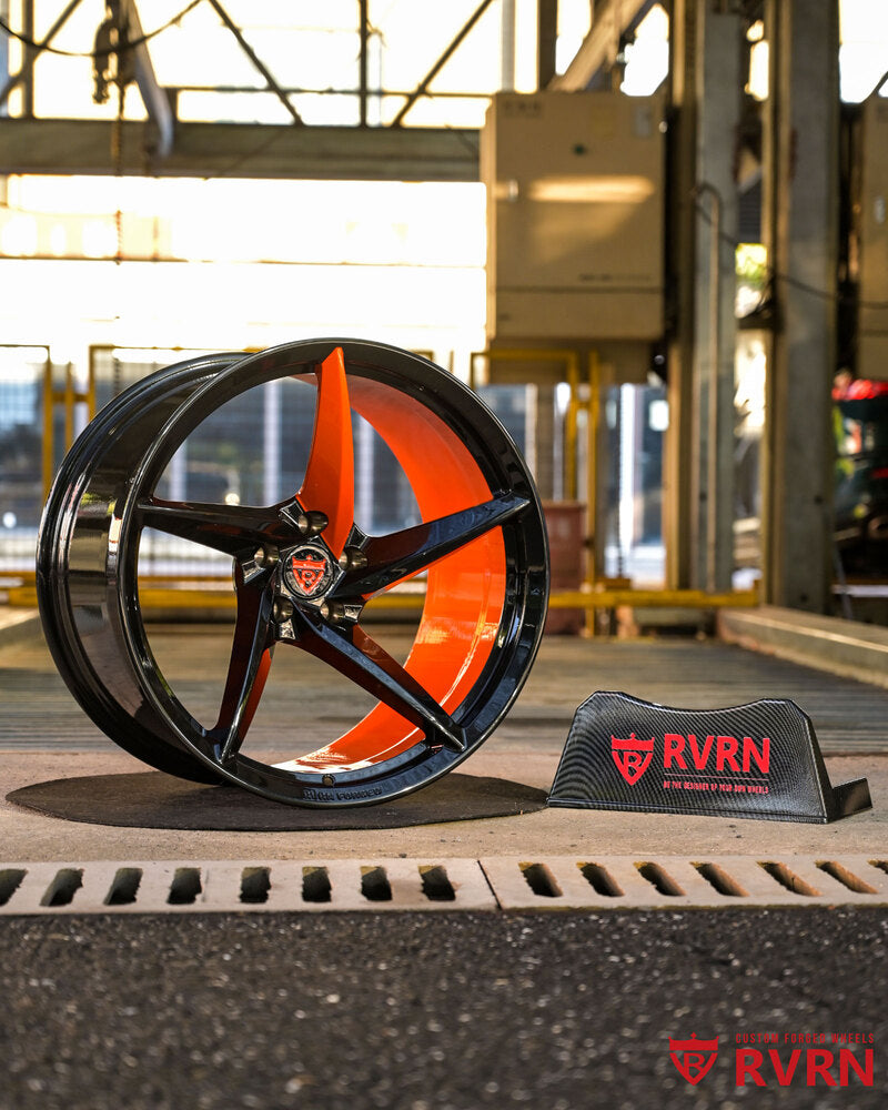 Dodge Challenger custom wheels orange inner barrel black outer barrel RV-MC35