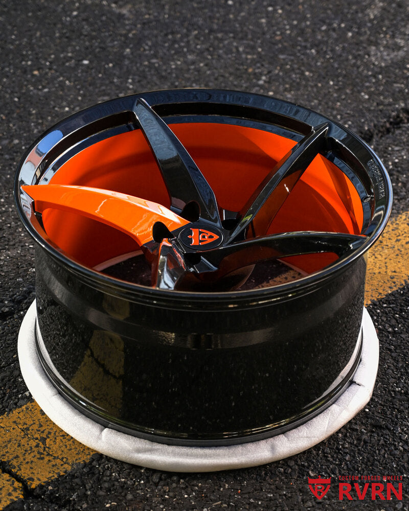 RV-MC35 Dodge Challenger custom wheels gloss black spoke with orange highlights