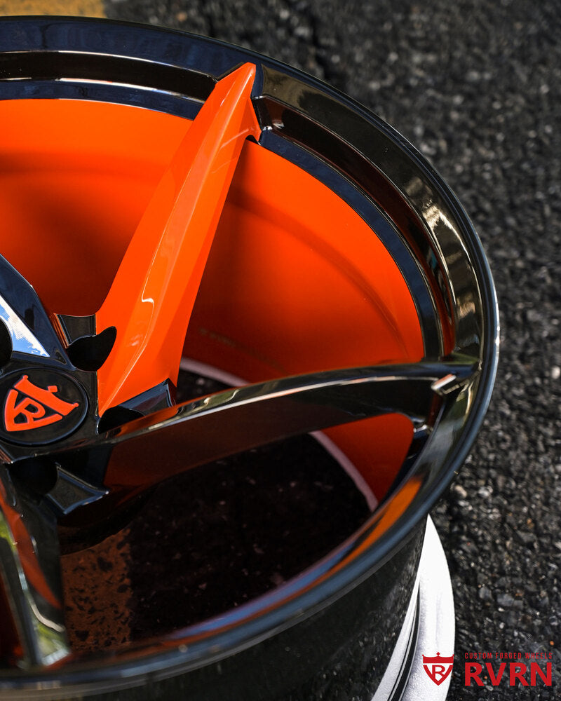 Black and orange wheels RV-MC35 forged 20x11 Dodge Challenger setup
