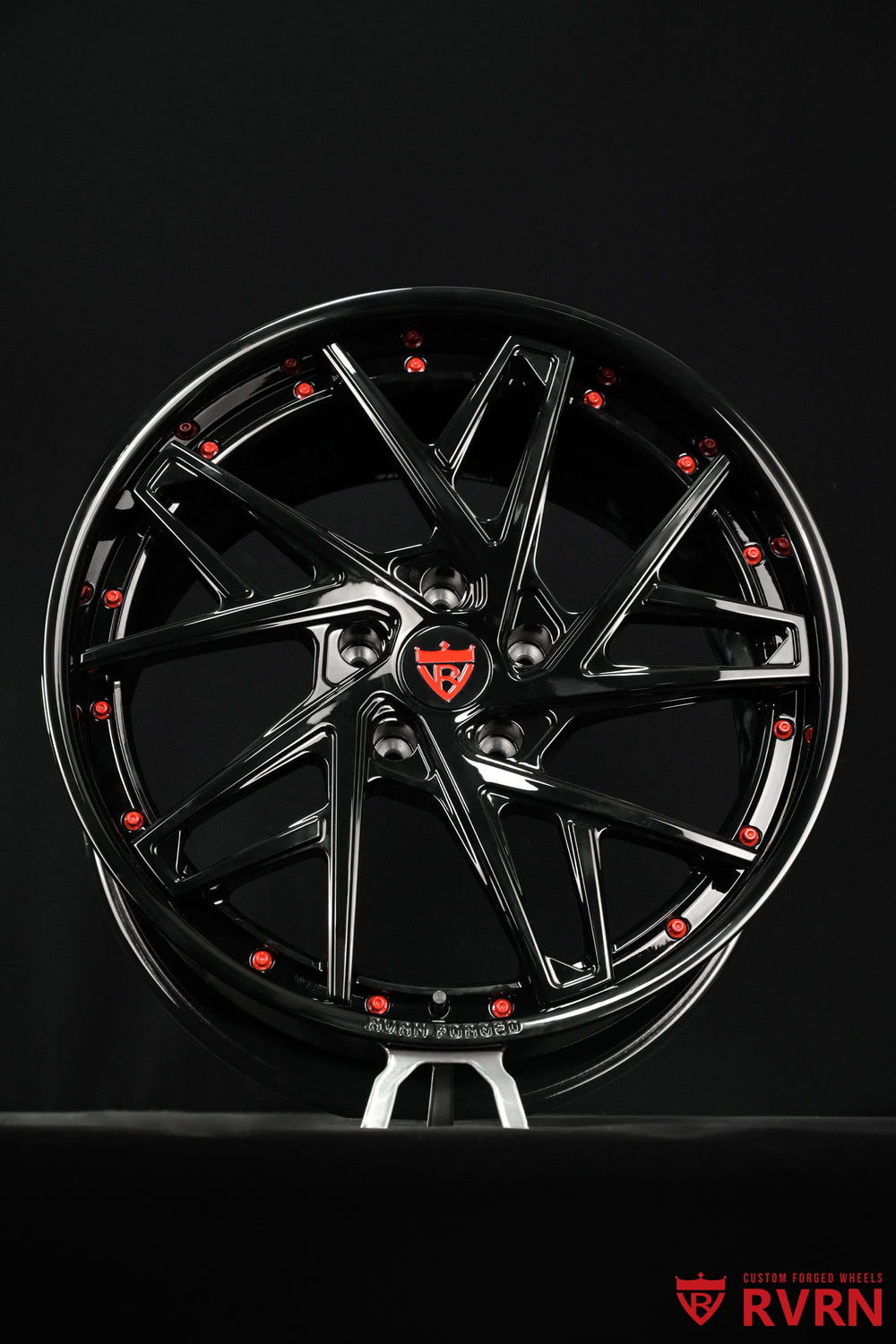 Front view of 2016 Porsche Panamera Edition on RVRN RV-DS74 2-piece forged wheels in gloss black finish, 21x9.5 front fitment