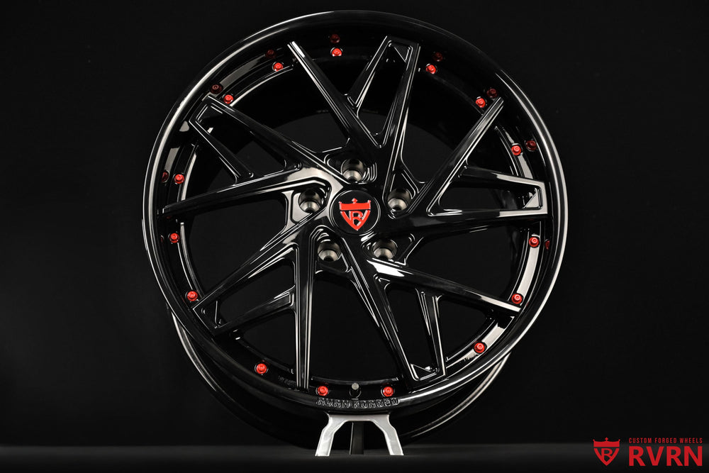 RVRN RV-DS74 gloss black 2-piece forged wheels designed for Porsche Panamera, custom 21 inch wheel fitment