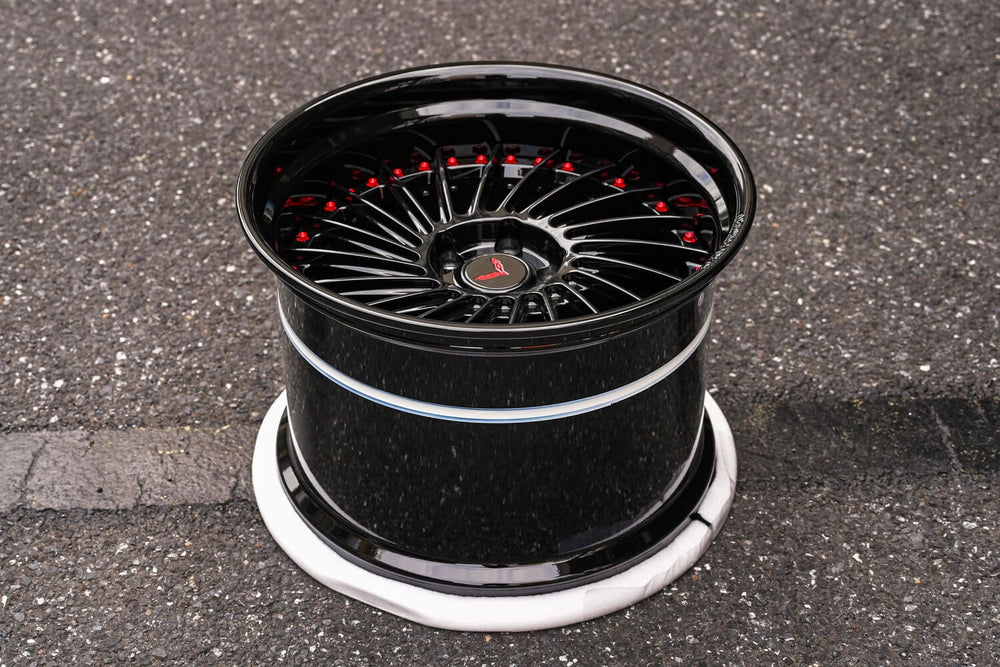 RVRN RV-DN01 forged wheel in Gloss Black with RVRN Red screws, custom deep dish build for the 2016 Corvette C7 Base Widebody