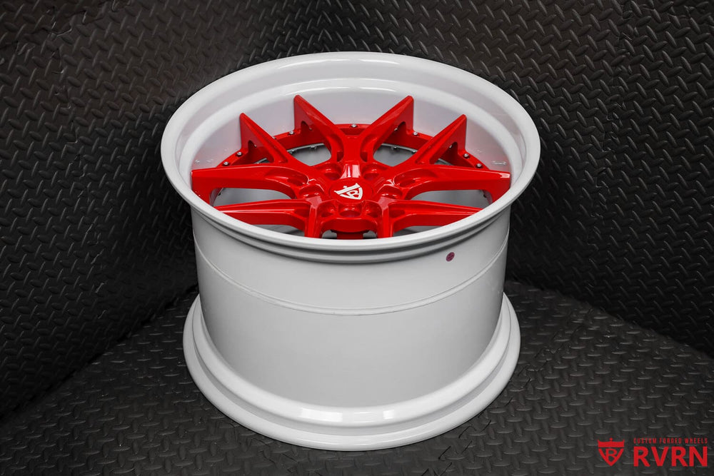 Custom red & pearl white forged wheels on 2016 C7 Corvette front view