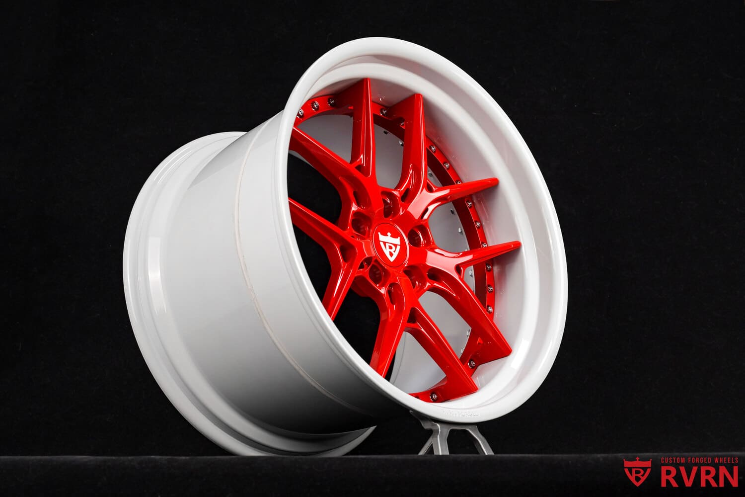 Rear angle of Corvette C7 Stingray with 21x14 pearl white barrel wheels