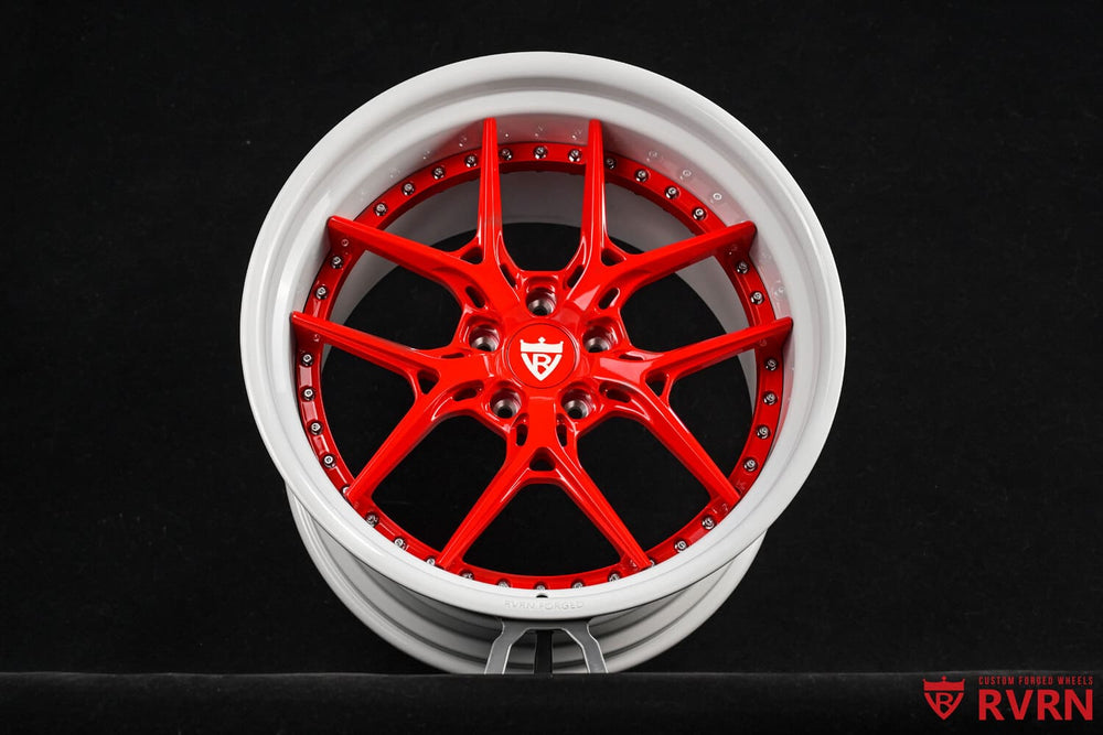 RVRN Red and Pearl White five-spoke RVRN RV-DR08D forged wheel standing on a dark background, 2016 Corvette C7 Stingray
