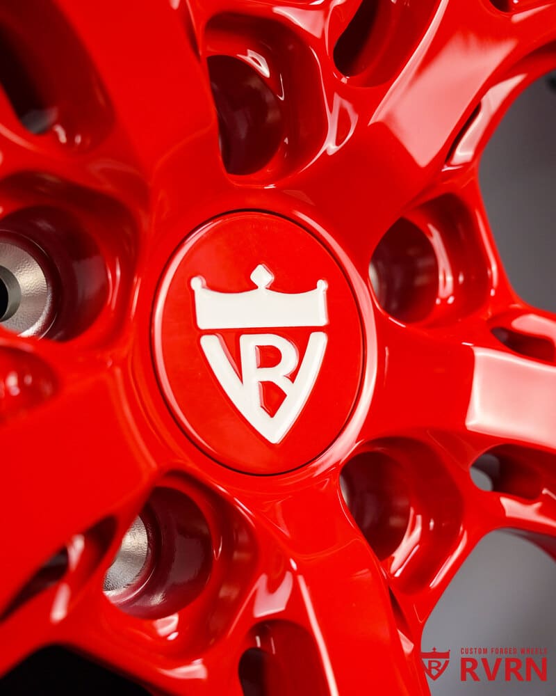 Close-up of the RVRN Red spoke and Pearl White lip on an RVRN RV-DR08D forged wheel, 2016 Corvette C7 Stingray