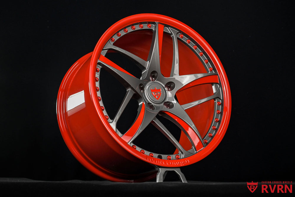 RV-MC36 custom forged wheels in shark gray finish paired with red accents for aggressive Corvette C7 styling