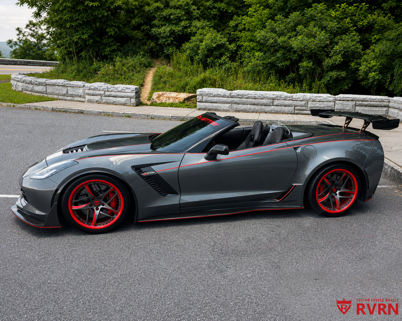 2016 Corvette C7 Z06 on RVRN RV-MC36 custom forged monoblock 5-spoke wheels with red and shark gray spokes and red barrel.