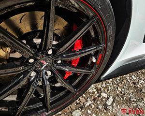 2016 Corvette C7 Z06 on RVRN RV-MJ02 custom forged wheels, front wheel close-up showing the red Z06 caliper, Michelin Pilot Sport tire and Corvette center cap.