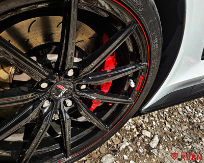 2016 Corvette C7 Z06 on RVRN RV-MJ02 custom forged wheels, front wheel close-up showing the red Z06 caliper, Michelin Pilot Sport tire and Corvette center cap.