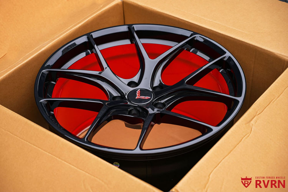 Profile of custom black and red Corvette wheel by RVRN