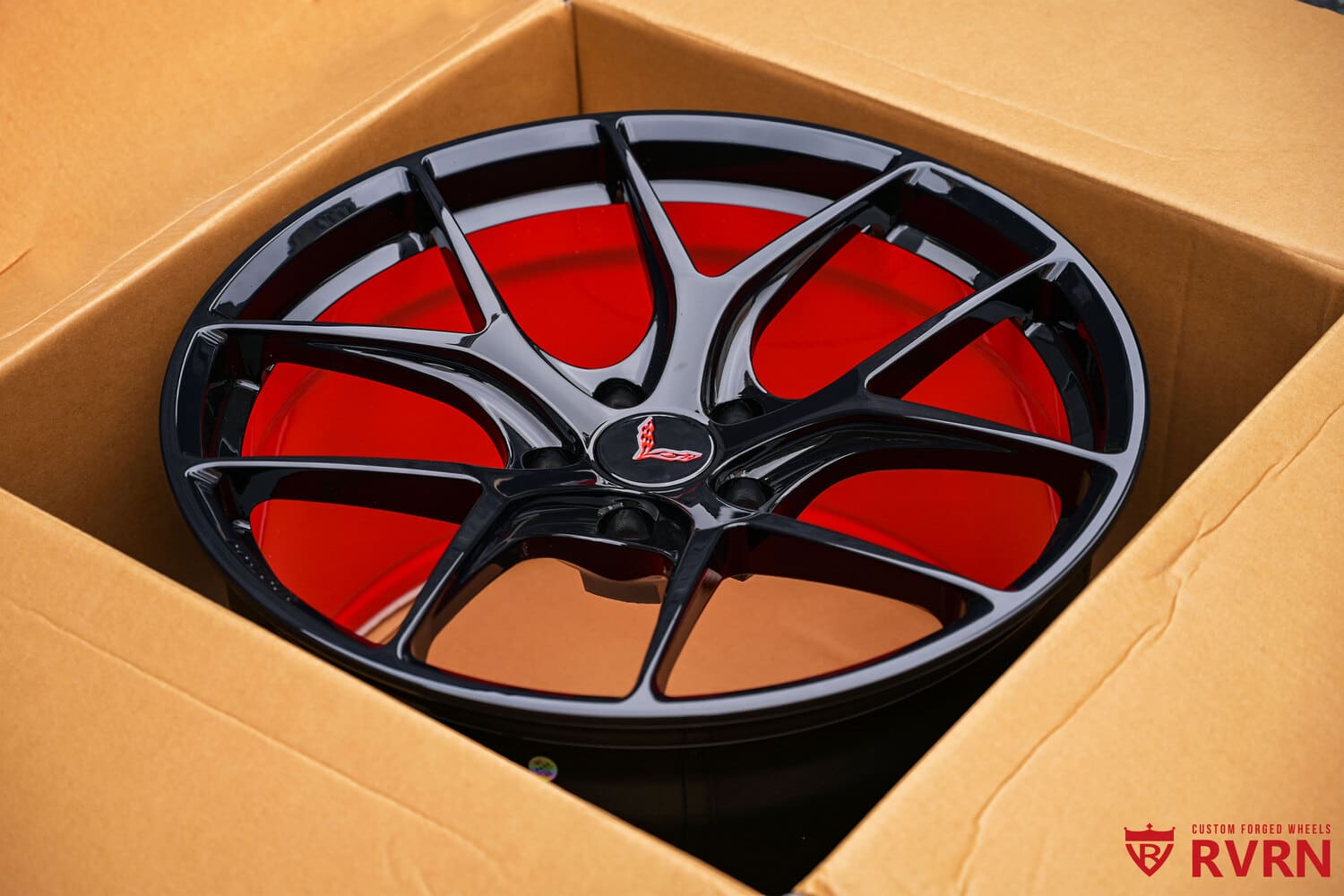 Profile of custom black and red Corvette wheel by RVRN