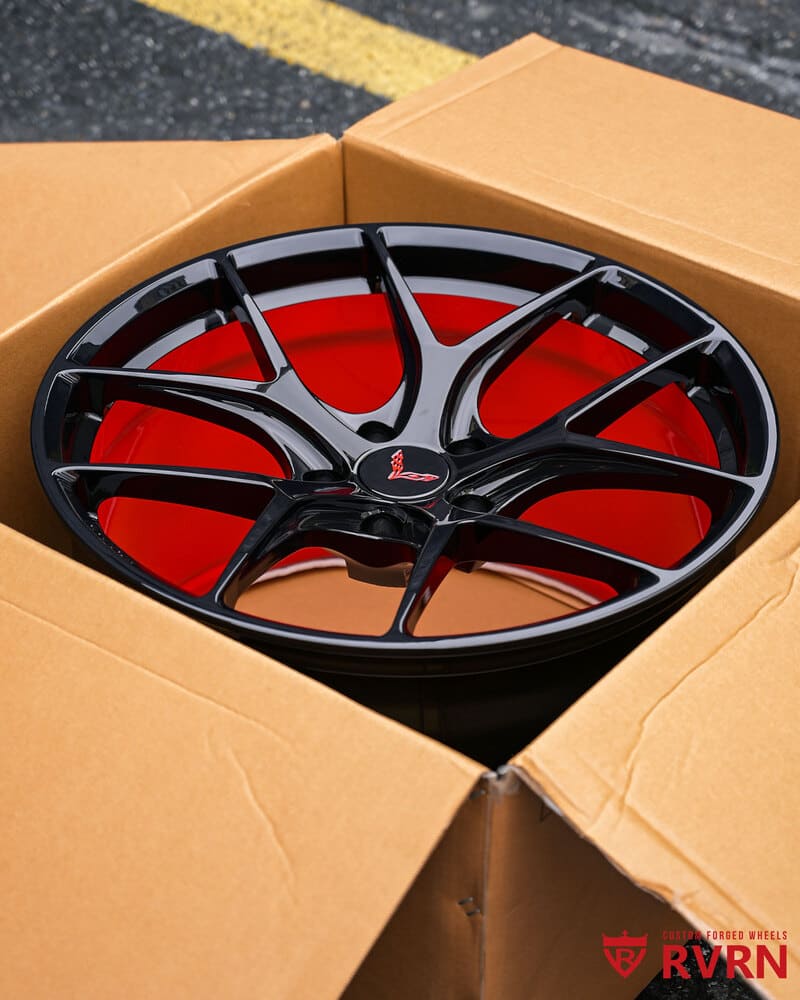 Detailed shot of black and red forged RV-MR05 wheel design