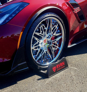 Front angle of C7 Corvette Grand Sport with RVRN RM-01 custom chrome wheels