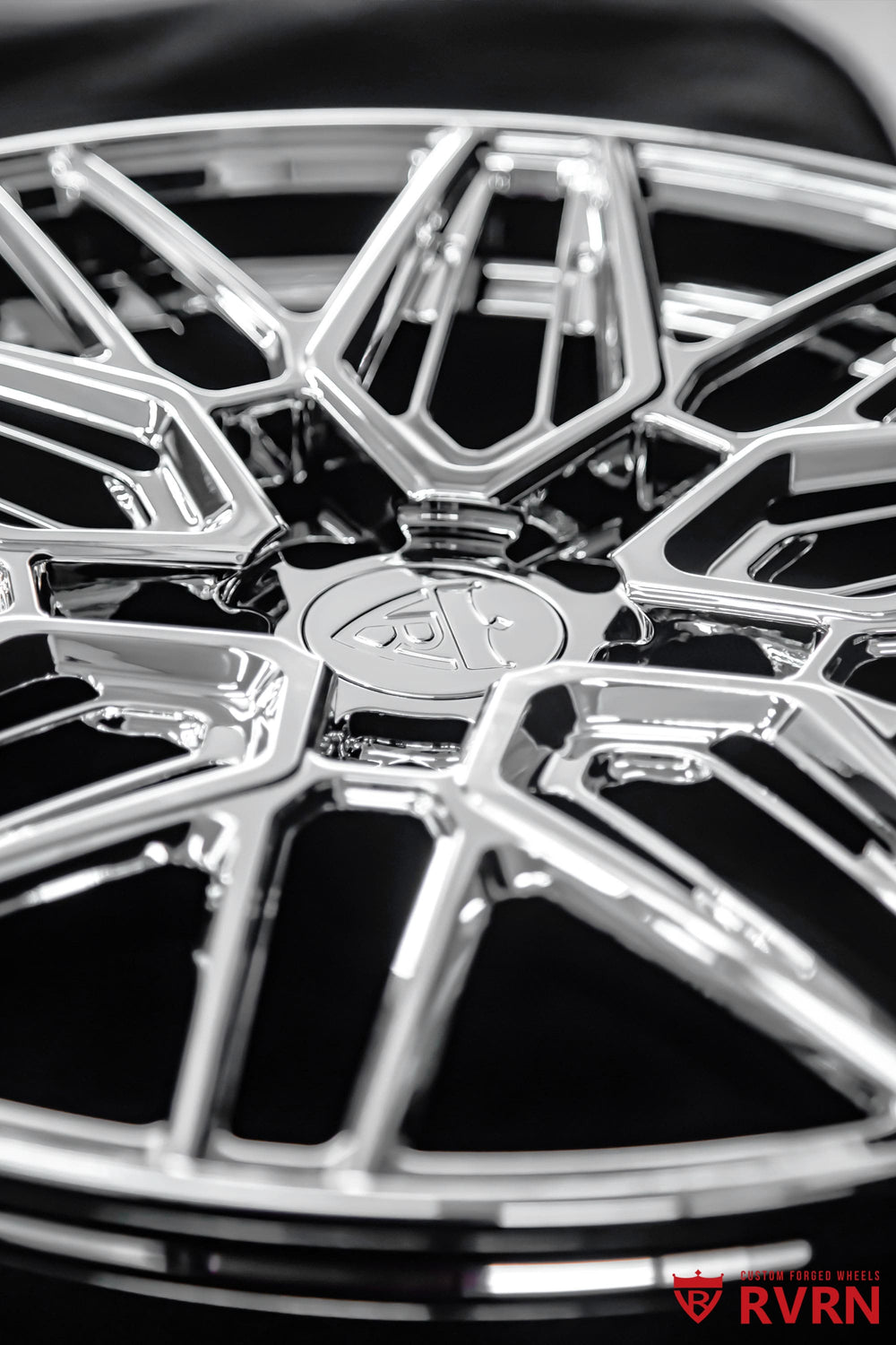 RVRN RV-MS808 one-piece forged wheel in all chrome finish customized for Cadillac CT6.