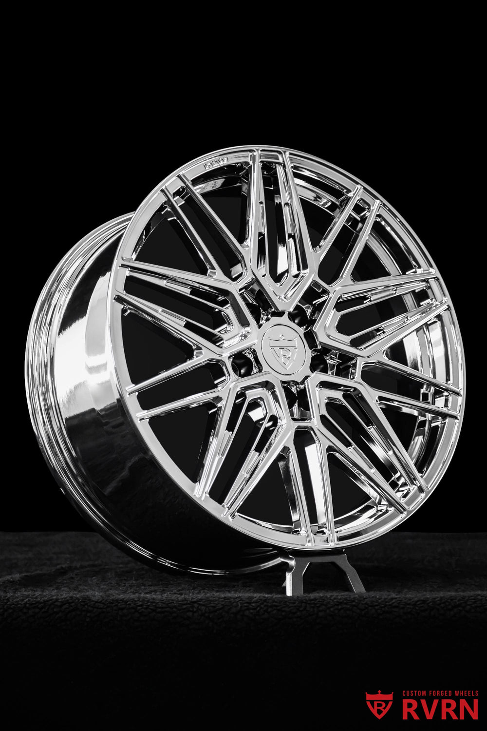 Detailed view of RVRN RV-MS808 chrome rims for Cadillac CT6 with custom 19x8.5 forged wheel specifications.