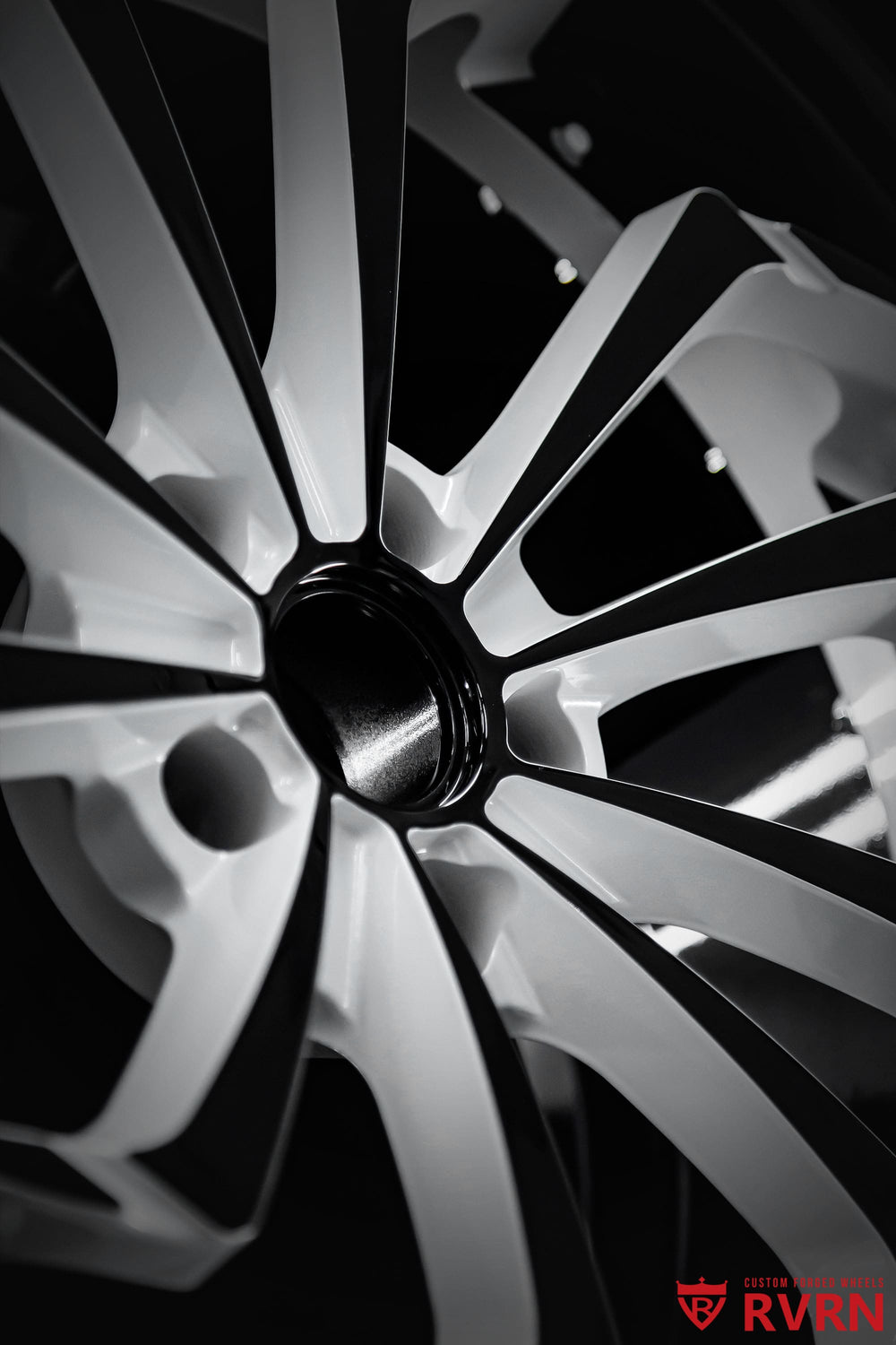 Detail view of Pearl White spokes on RVRN RV-DC01 2-piece forged wheels for 2017 Corvette C7 Z06, with a directional design and Gloss Black barrel