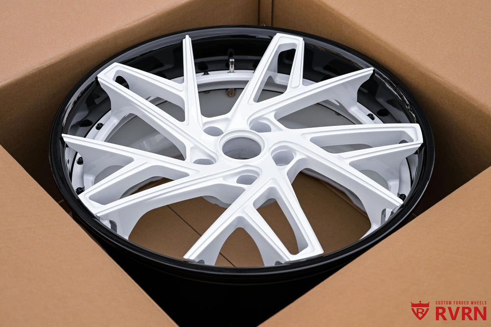 Corvette C7 Z51 side profile featuring black and white RVRN forged wheels.