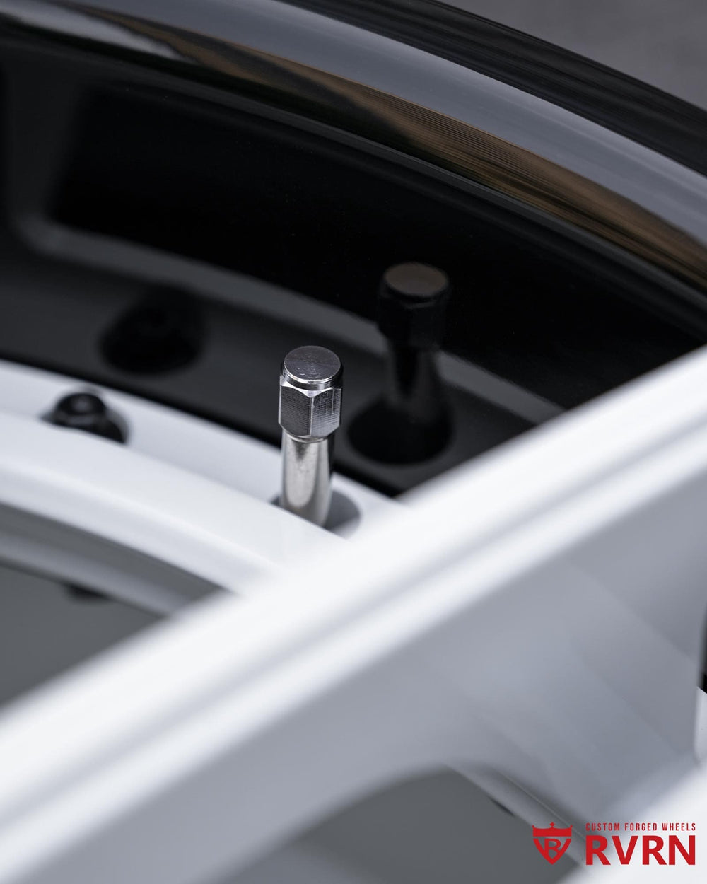 RVRN forged wheel center cap detail on DS74 two-piece forged wheels.