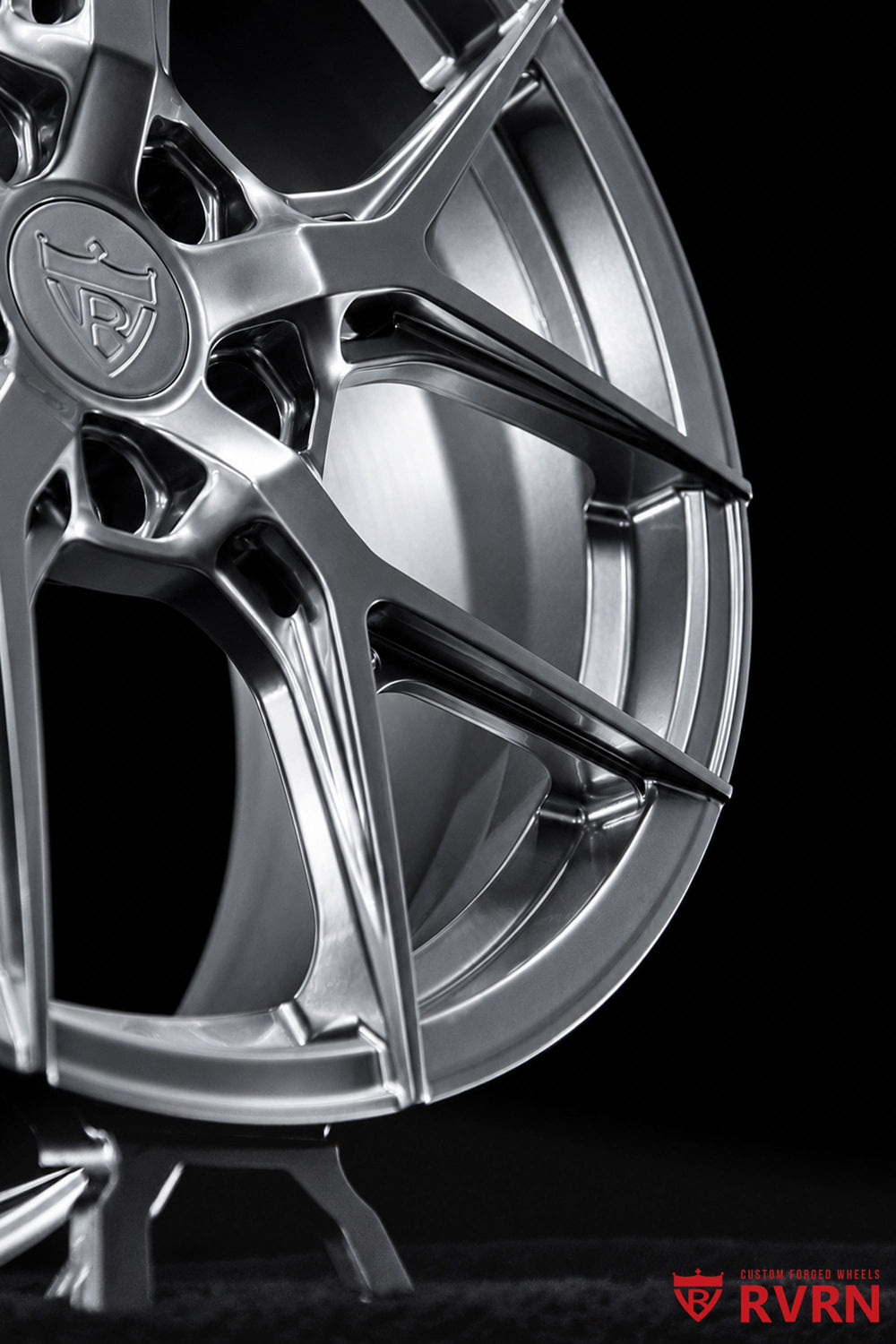 Front three-quarter view of 2017 Corvette Stingray Base on RVRN RV-MJ25 1-piece forged Y-spoke wheels in all gloss silver, 18x8.5 front and 19x10 rear.