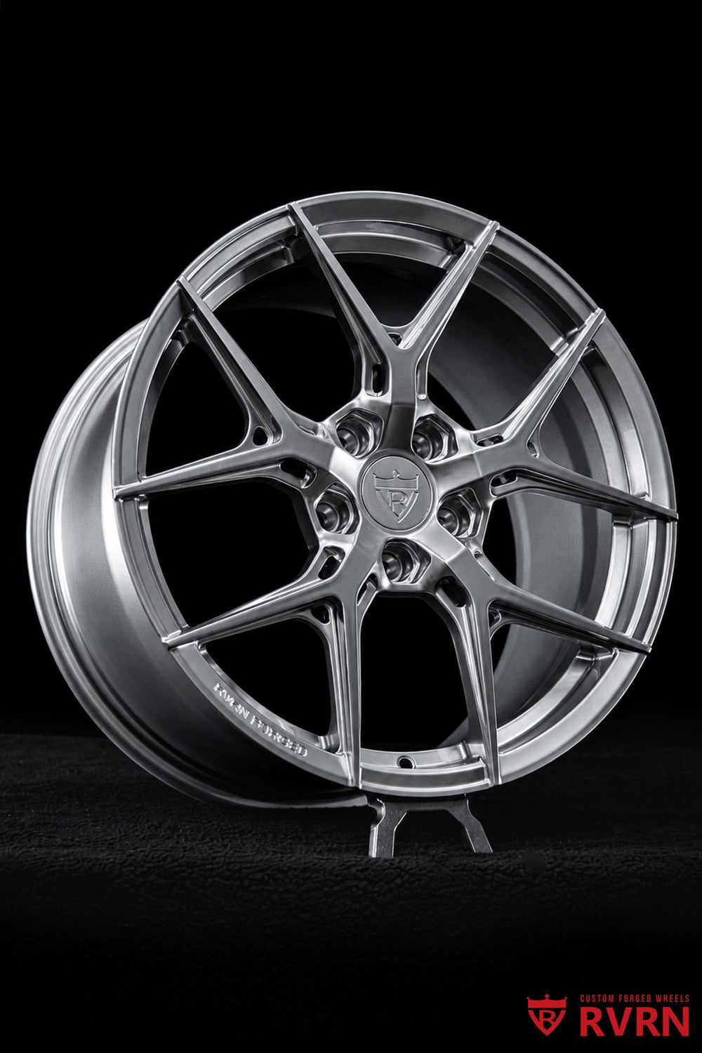 Close-up of RVRN RV-MJ25 Corvette C7 forged wheels featuring a gloss silver Y-spoke design with custom 18x8.5 and 19x10 fitment.