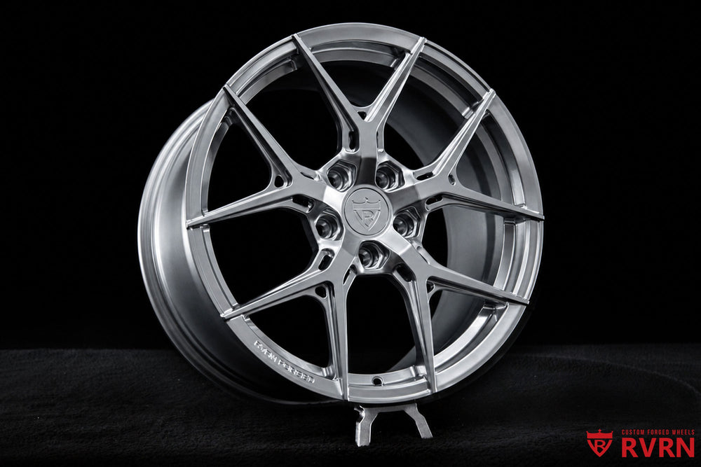 Front fitment of 2017 Corvette C7 Stingray Base with RV-MJ25 18x8.5 +56 forged wheels in gloss silver.