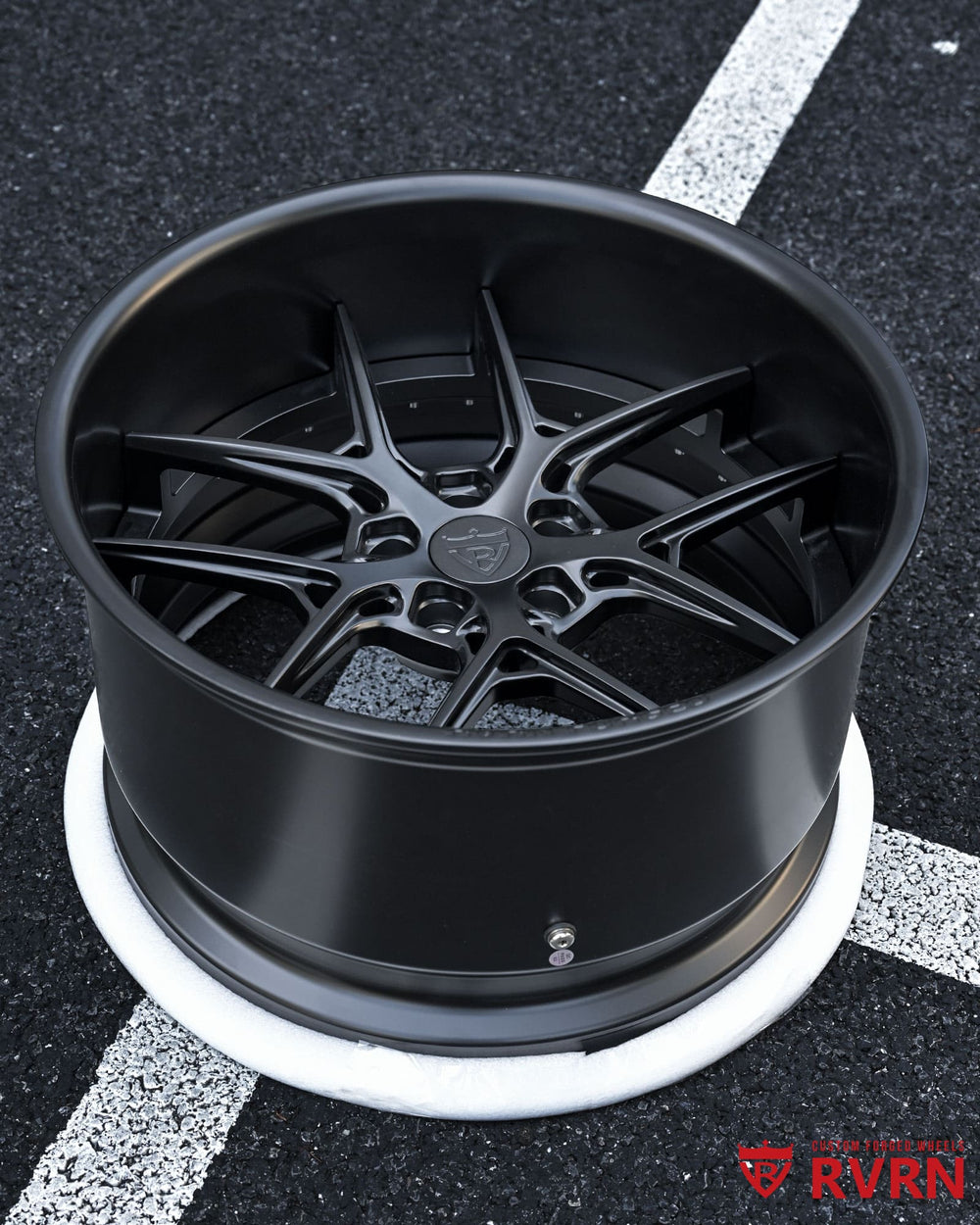 Matte black Dodge Challenger rims with RV-DR08D forged wheel design, engineered for aggressive stance and OEM brake clearance