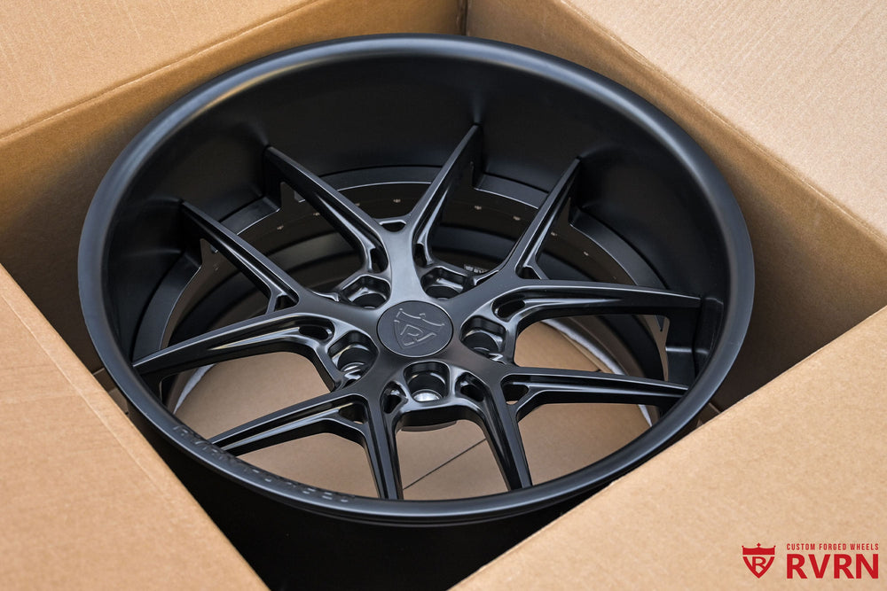 Custom Dodge Challenger forged wheels RV-DR08D featuring deep dish Y-spoke design, all matte black finish, 20x11 and 20x12 fitment